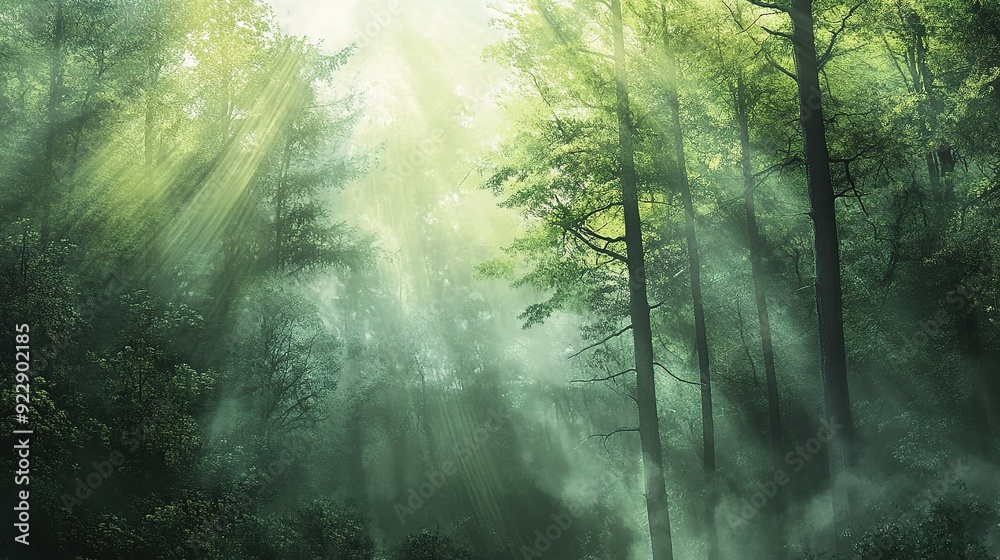 Enchanted Forest Dawn: Sunbeams pierce through a misty, ethereal woodland, illuminating the vibrant green canopy in a captivating display of nature's magic. Enchanted Forest Dawn: Sunbeams pierce through a misty, ethereal woodland, illuminating the vibrant green canopy in a captivating display of nature's magic.