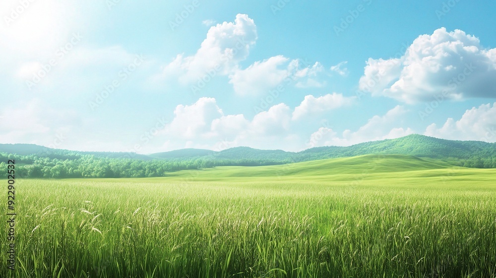 Fototapeta premium Serene Meadow Landscape: A picturesque vista of rolling green hills, lush grass, and a vibrant blue sky dotted with fluffy clouds. The warm sunlight bathes the scene in a golden glow, evoking feelings