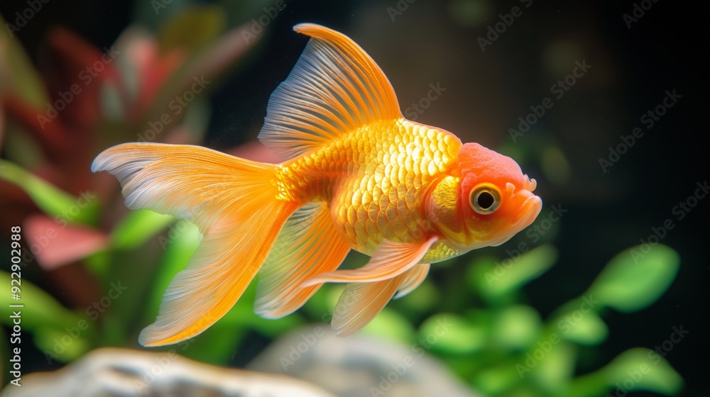 A vibrant goldfish swimming gracefully among aquatic plants in a tranquil aquarium. A vibrant goldfish swimming gracefully among aquatic plants in a tranquil aquarium.
