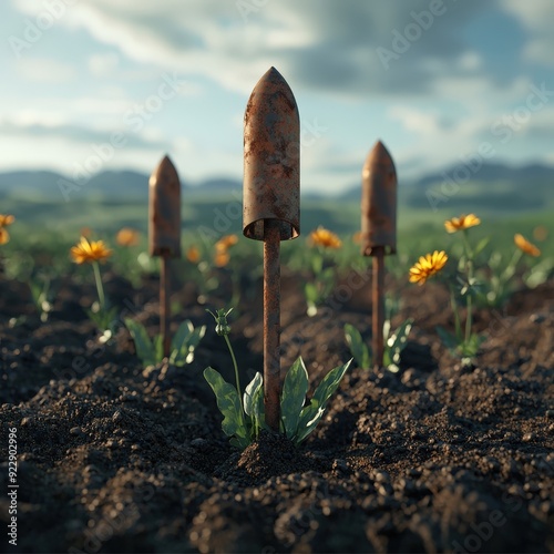 A symbolic image of nuclear weapons being turned into plowshares representing peace photo