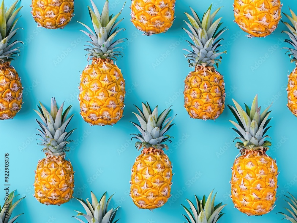 Close-up view of ripe pineapples on a blue background.