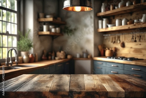 Rustic Kitchen Table with Blurred Background photo