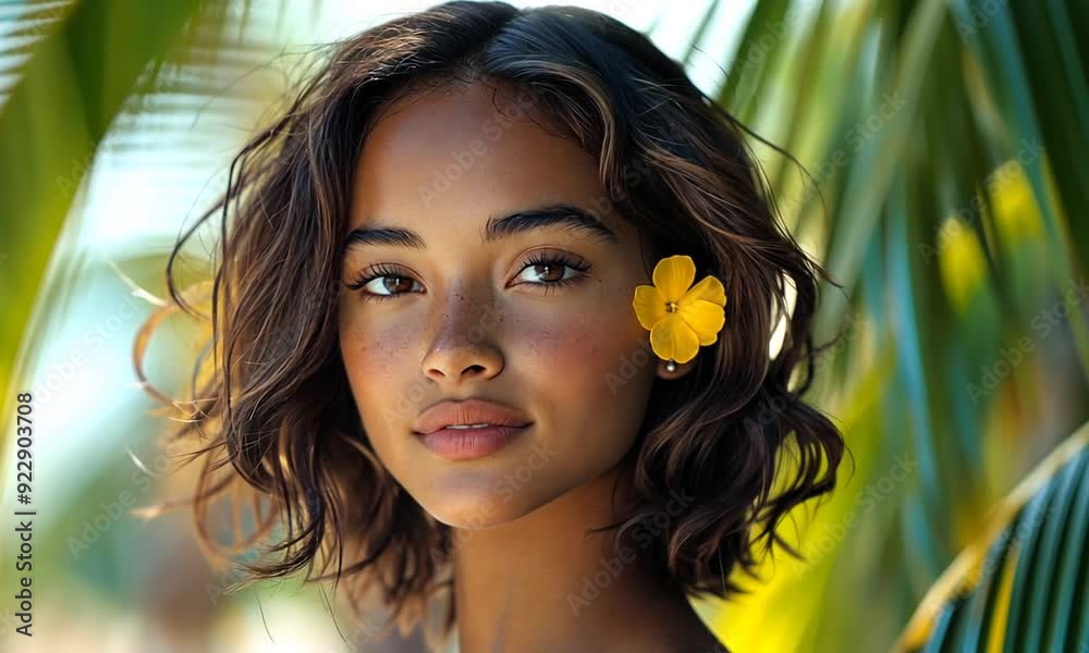 Beautiful young woman with freckles and a yellow flower behind her ear, looking away from the camera with a gentle smile.