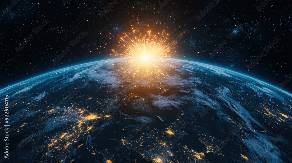Obraz premium A symbolic image of the earth being shielded from nuclear warheads by a protective barrier