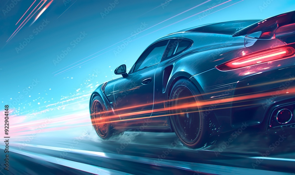 A modern car on a night highway, captured from a low angle A modern car on a night highway, captured from a low angle