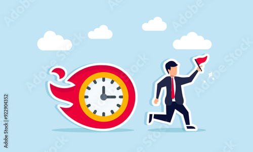 Racing against time, work schedules, or project deadlines concept of A businessman running with a flag while being chased by a flaming clock