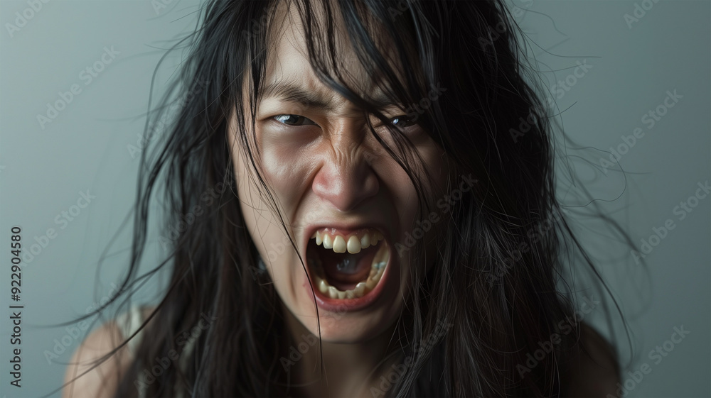 憤怒の叫びを上げる若い日本人女性 憤怒の叫びを上げる若い日本人女性