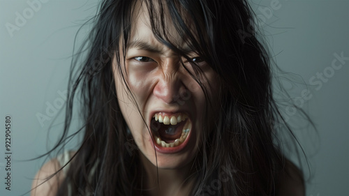 憤怒の叫びを上げる若い日本人女性
