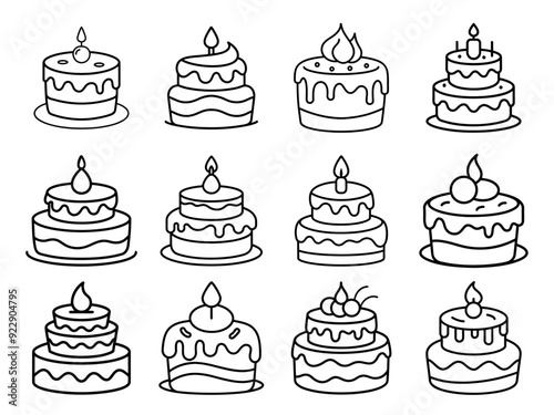 Birthday cake outline coloring book page for kids