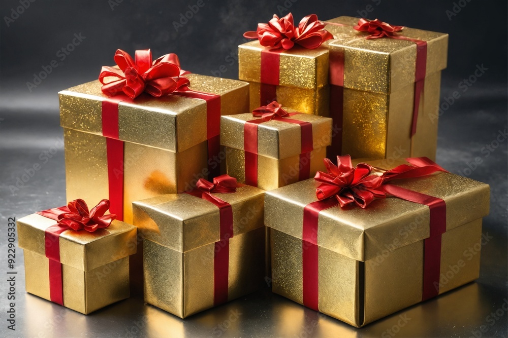 Obraz premium Golden Gift Boxes with Red Ribbons