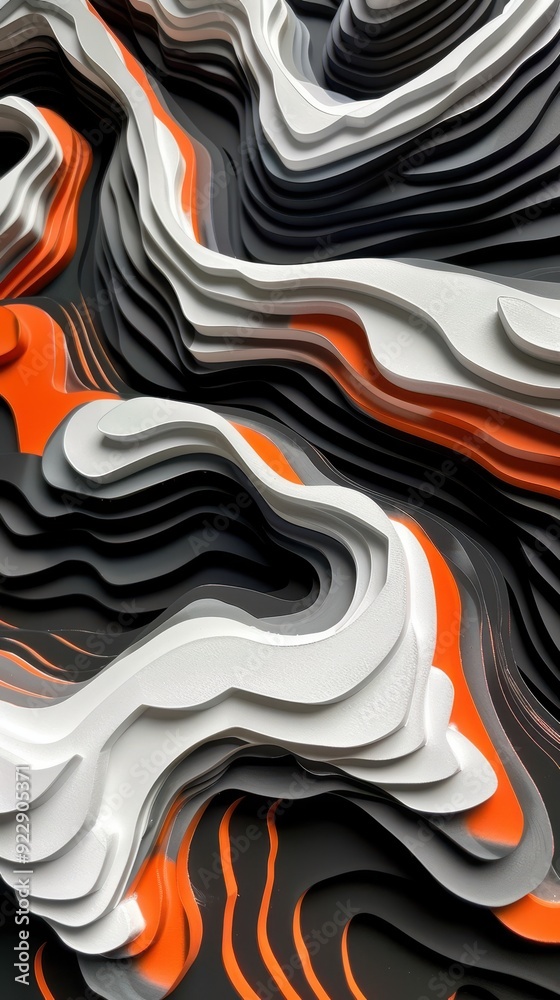 Obraz premium An abstract art piece showcases flowing layers of black, white, and orange waves in a dynamic composition