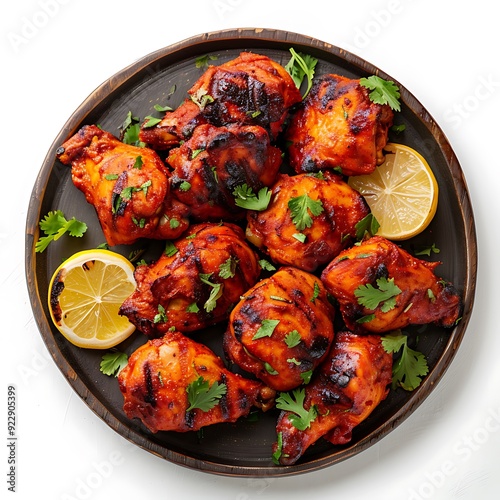 Plate of tasty Tandoori Chicken with on white background. photo