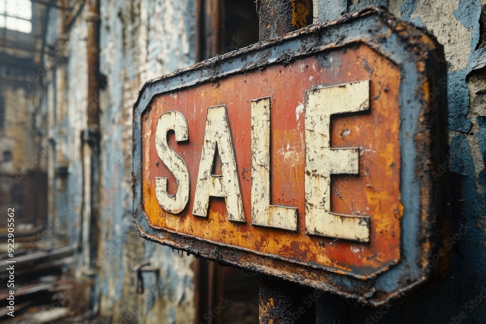 Fototapeta premium Rusty sign with sale written on it hanging on a pole, Sale discount concept