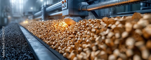 Close-up of a biofuel briquette machine in operation, compressing organic material, photo-realistic, renewable energy production