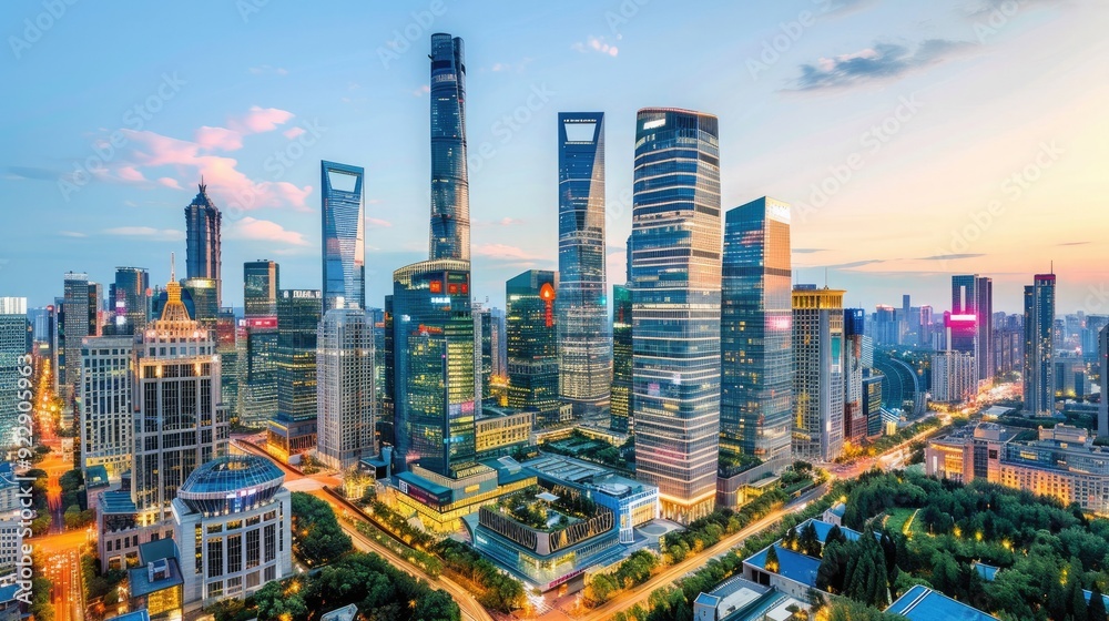 Fototapeta premium Aerial view of modern skyscrapers and urban cityscape with busy streets at dusk, showcasing the bustling metropolis and its architecture.