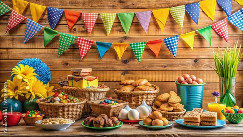 Colorful Brazilian festa junina party table with traditional decorations, including colorful flags, balloons