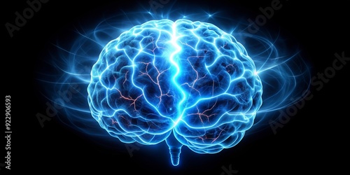 Brain with glowing blue electricity on black background, brain, glowing, blue, electricity, power, energy