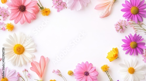 A charming and delightful arrangement of colorful flowers creates an enchanting border on a pristine white background, making it suitable for a wide range of design projects and artistic endeavors