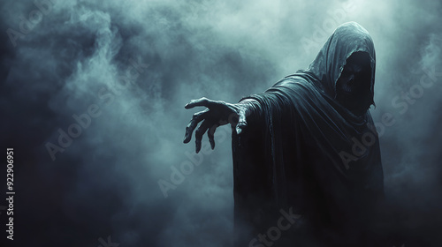 the grim reaper with his hand outstretched walking through the fog looking for his victim, horror atmosphere of Halloween day