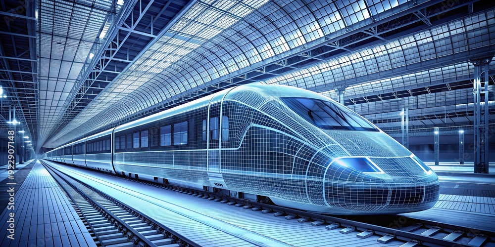 Fototapeta premium Wireframe visualization of a high-speed train in a modern station, wireframe, visualization, high-speed train