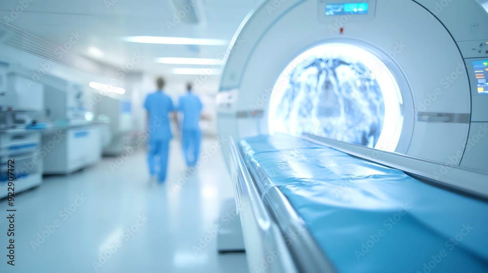 Professional medical environment featuring an MRI machine and healthcare staff in blue scrubs preparing for a patient scan. Healthcare AI concept. Professional medical environment featuring an MRI machine and healthcare staff in blue scrubs preparing for a patient scan. Healthcare AI concept.