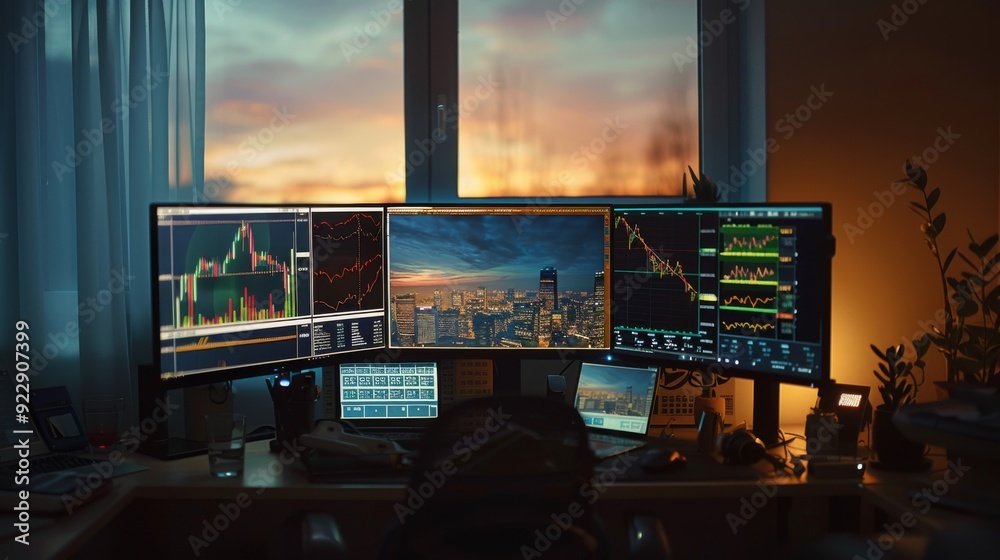 Fototapeta premium A desk with three monitors displaying stock market data and a beautiful view of a cityscape illuminated at night.