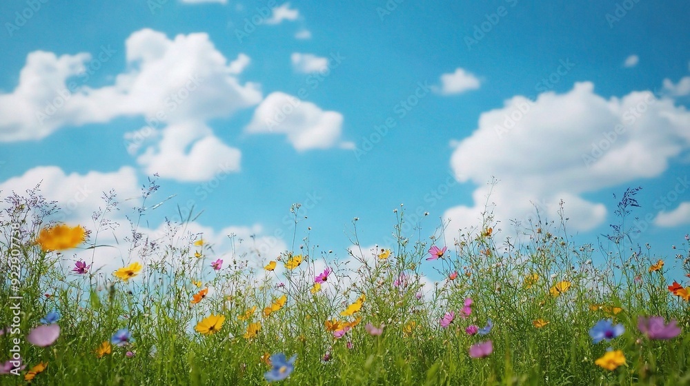 Wildflower Meadow Under a Summer Sky: A vibrant tapestry of wildflowers bursts forth against a backdrop of a clear blue sky with fluffy white clouds. Wildflower Meadow Under a Summer Sky: A vibrant tapestry of wildflowers bursts forth against a backdrop of a clear blue sky with fluffy white clouds.