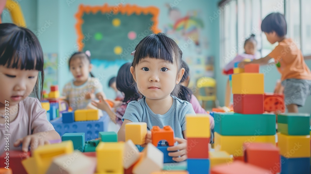 Portrait of asian caucasian little children playing blocks in classroom. Learning by playing education group study concept. International pupils doing Portrait of asian caucasian little children playing blocks in classroom. Learning by playing education group study concept. International pupils doing