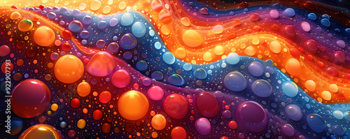 Abstract colorful design featuring bubbles and waves in vibrant hues.