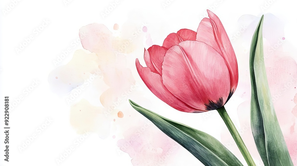 Fototapeta premium Watercolor clipart featuring a blooming tulip with soft pink petals, slender green stem, isolate on white background, subtle pastel bokeh in the background