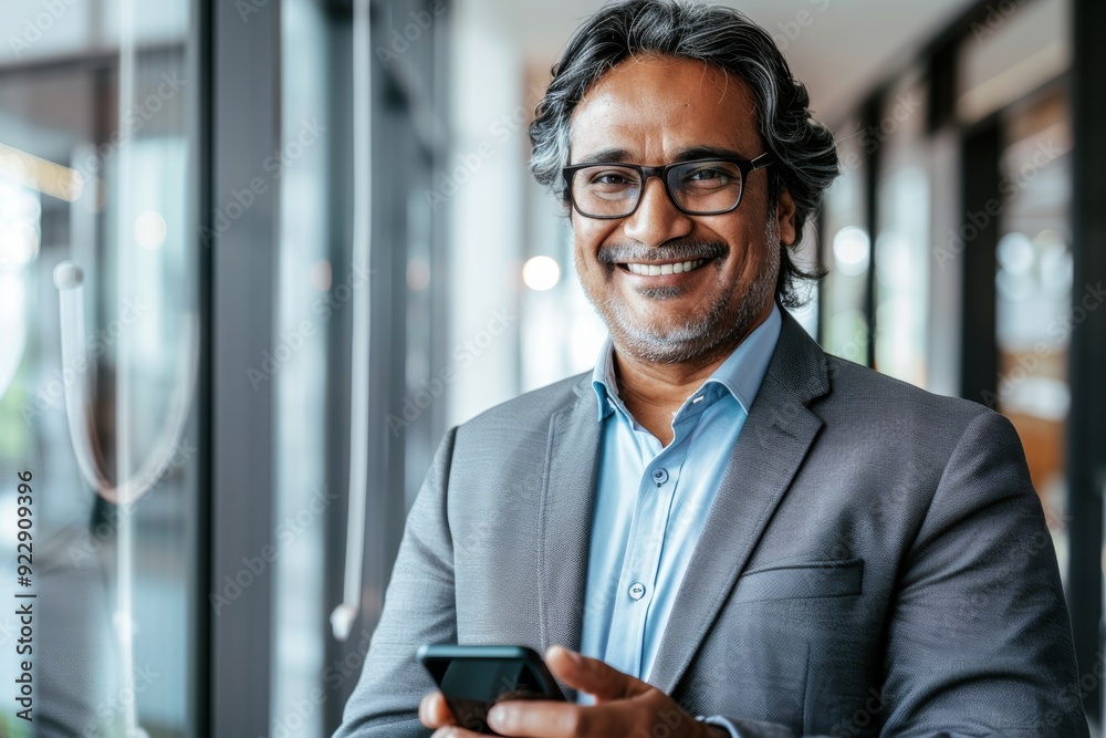 Smiling middle-aged Indian businessman in a suit with glasses, using a smartphone in a modern office, looking at the camera. Perfect for corporate and professional business contexts. Smiling middle-aged Indian businessman in a suit with glasses, using a smartphone in a modern office, looking at the camera. Perfect for corporate and professional business contexts.