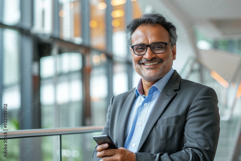 Smiling middle-aged Indian businessman in a suit with glasses, using a smartphone in a modern office, looking at the camera. Perfect for corporate and professional business contexts. Smiling middle-aged Indian businessman in a suit with glasses, using a smartphone in a modern office, looking at the camera. Perfect for corporate and professional business contexts.