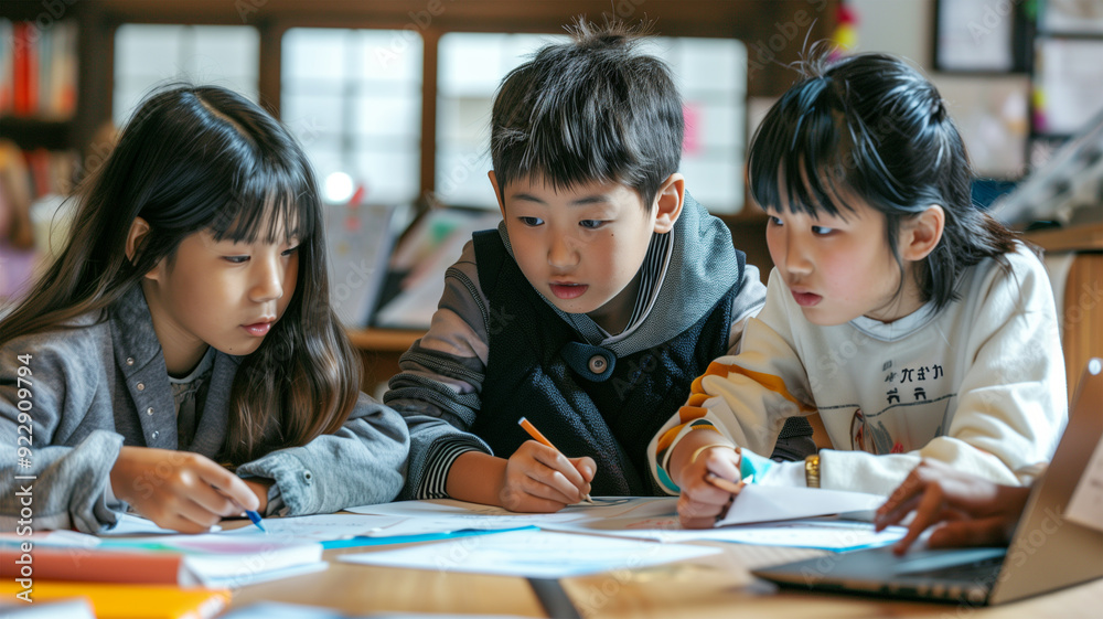 図書館でプロジェクトに取り組む日本人の子供たち 図書館でプロジェクトに取り組む日本人の子供たち