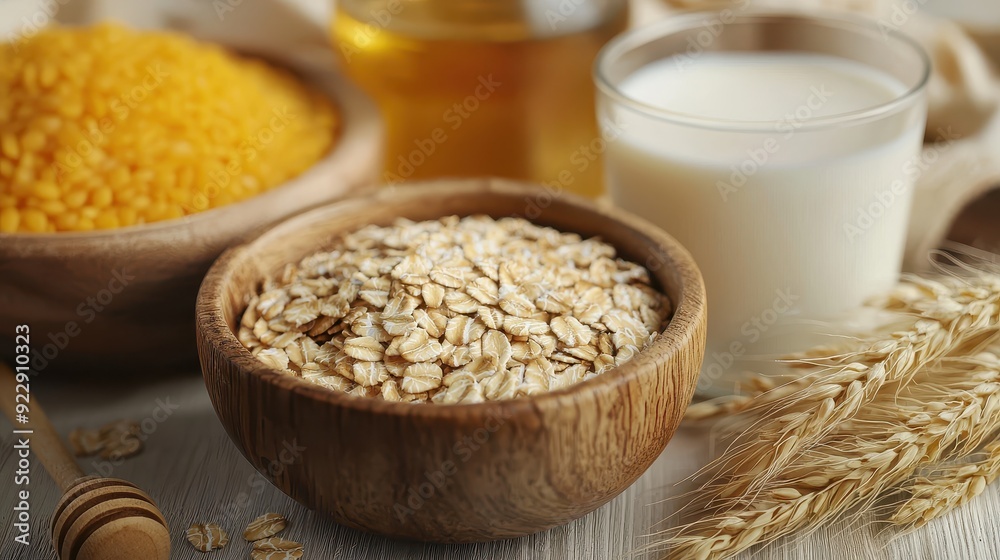 Ingredients for preparing oatmeal with milk. Ingredients for preparing oatmeal with milk.