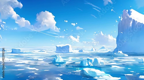 Icy landscape animation. Iceberg sea with floating icebergs and deep blue water. Enjoy the stunning view of the iceberg sea in motion. photo