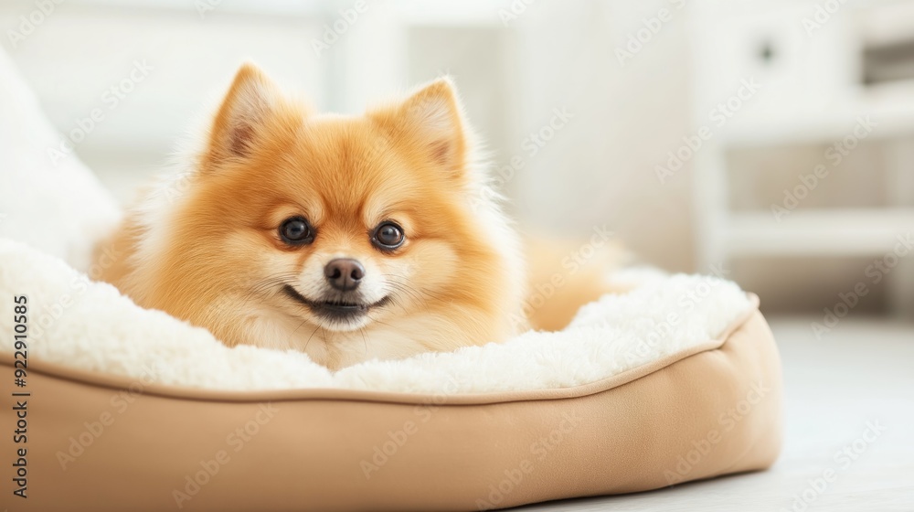 A fluffy Pomeranian relaxing comfortably on a soft bed in a cozy indoor setting during daylight. A fluffy Pomeranian relaxing comfortably on a soft bed in a cozy indoor setting during daylight.