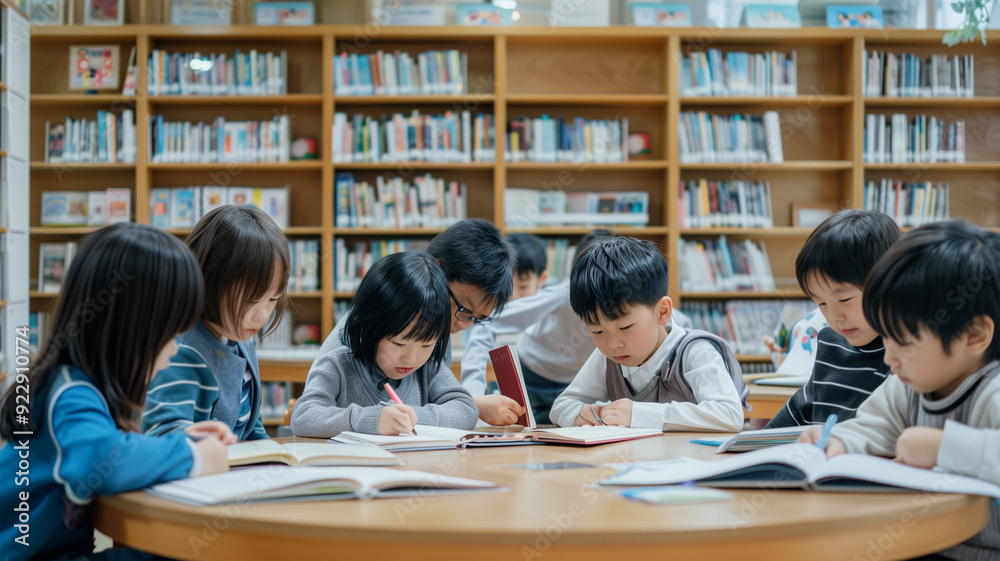 図書館で学習する日本人の子供たち