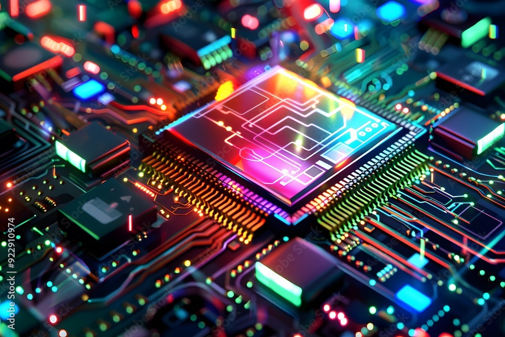 An abstract digital artwork resembling a CPU chip, with vibrant colors and geometric patterns. An abstract digital artwork resembling a CPU chip, with vibrant colors and geometric patterns.