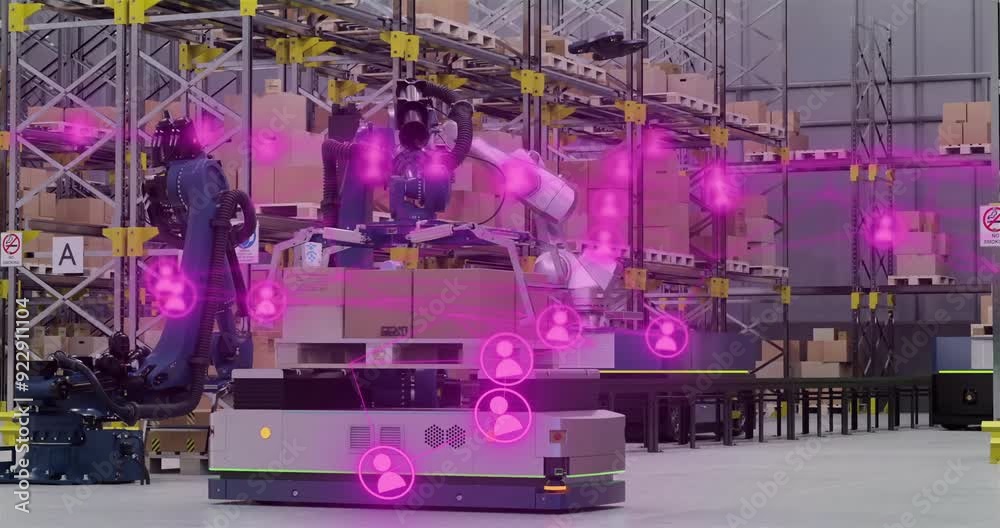 Robotic arms sorting packages in warehouse with pink user icons animation