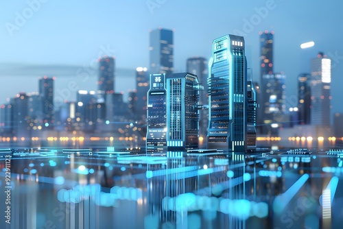 A futuristic city skyline with buildings shaped like giant CPUs, symbolizing technological advancement. photo