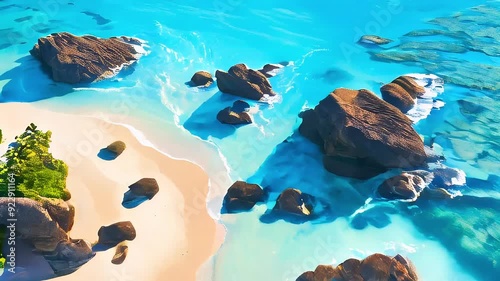 Beach landscape animation. Coral beach with white sand and turquoise waters. Enjoy the vibrant view of the coral beach in motion. photo