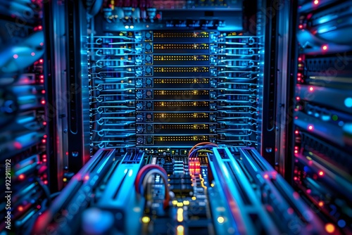 A top-down view of a server rack filled with stacked CPUs, illustrating data center infrastructure. photo