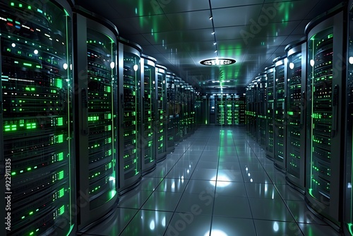 A futuristic server room filled with rows of CPUs and blinking LED lights, emphasizing data processing power.