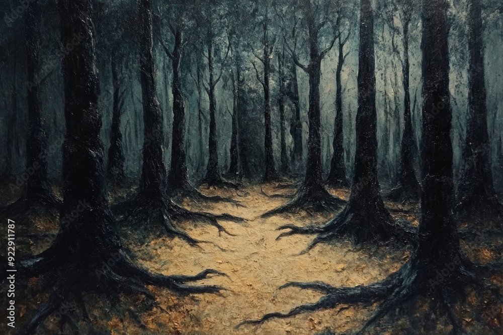 Fototapeta premium Dark forest pathway illuminated by subtle light amidst towering trees, creating an eerie yet enchanting atmosphere at dusk. Generative AI
