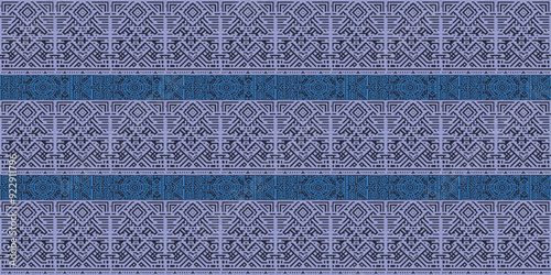 Geometric tribal pattern in blue and purple. Aztec-inspired seamless design for textiles and wallpapers.