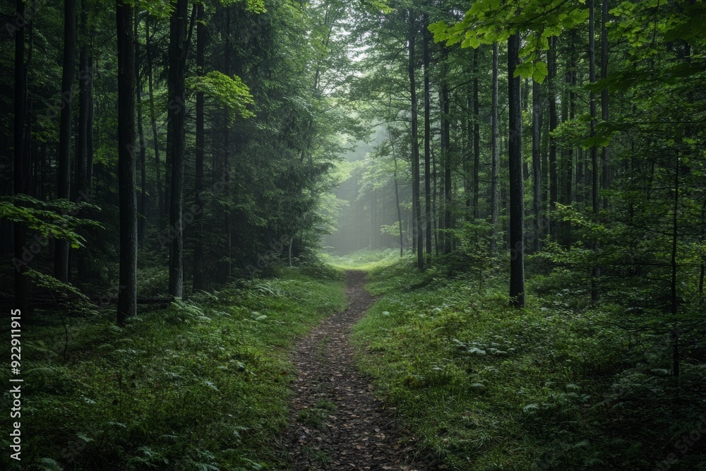Obraz premium A serene path through a misty green forest at dawn, inviting exploration and tranquility amidst nature's beauty. Generative AI