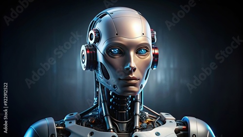 Futuristic humanoid robot with anonymized face on dark background, robot, futuristic, humanoid, technology