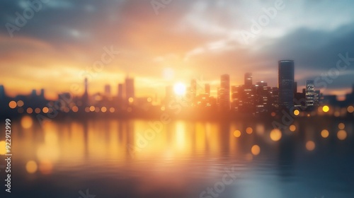 Golden Hour Cityscape: A mesmerizing panorama of a modern city bathed in the warm glow of a setting sun, with the cityscape reflected in the water