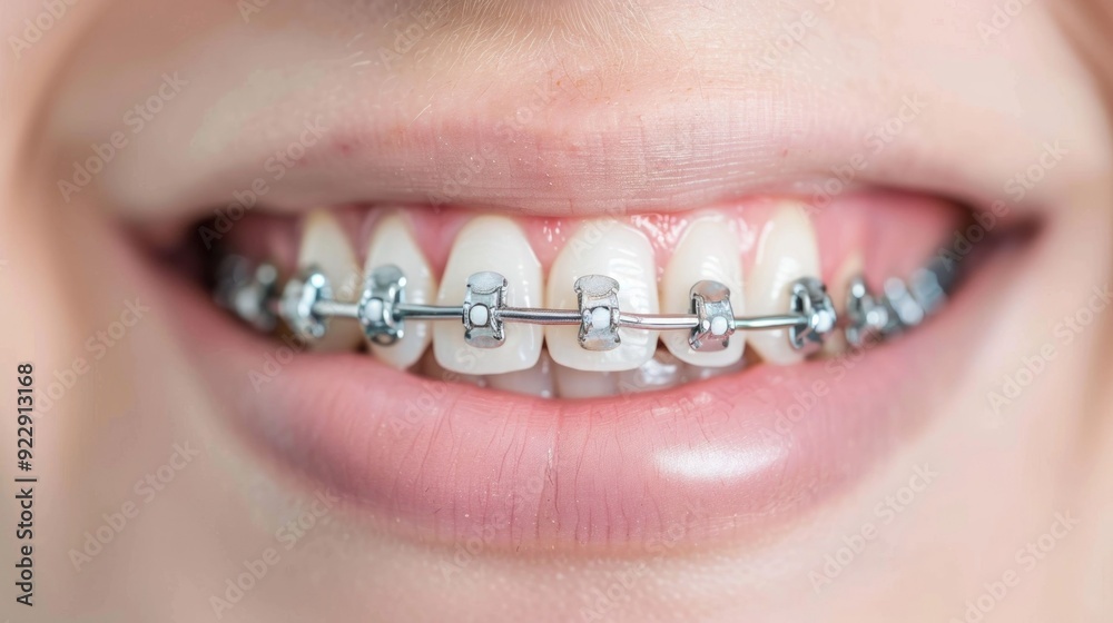 Obraz premium Detailed Close up Photograph Showcasing the Precision and Accuracy of an Orthodontic Braces Adjustment Procedure on a Patient s Teeth with Shallow Depth of Field