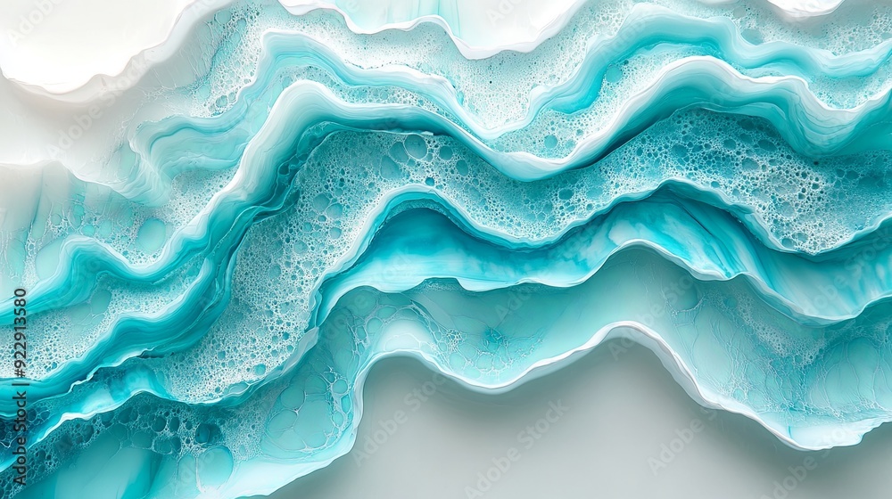 Create an imaginative painting of wavy resin sheets in turquoise and white, with a marbleized design in macro zoom. The large-scale canvas resembles an abstract ocean shoreline, focusing on detailed Create an imaginative painting of wavy resin sheets in turquoise and white, with a marbleized design in macro zoom. The large-scale canvas resembles an abstract ocean shoreline, focusing on detailed